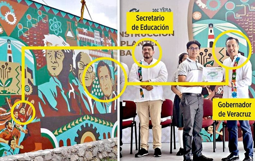 Gobernador de Veracruz se pinta en mural del escuela junto con AMLO