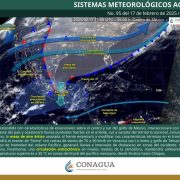 Frente frío No. 27 y masa de aire ártico provocan lluvias y vientos fuertes en el sureste de México